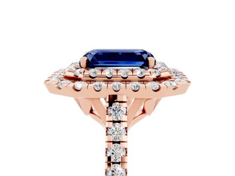Rose gold Double Halo Emerald Cut Blue Sapphire Pavé Band with Four-Prong Setting_5