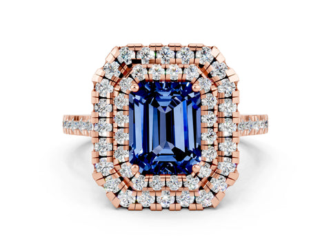 Rose gold Double Halo Emerald Cut Blue Sapphire Pavé Band with Four-Prong Setting