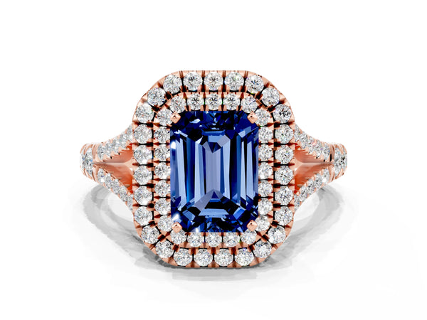 Rose gold Double Halo Emerald Cut Blue Sapphire Pavé Split Shank Ring with Prong Setting