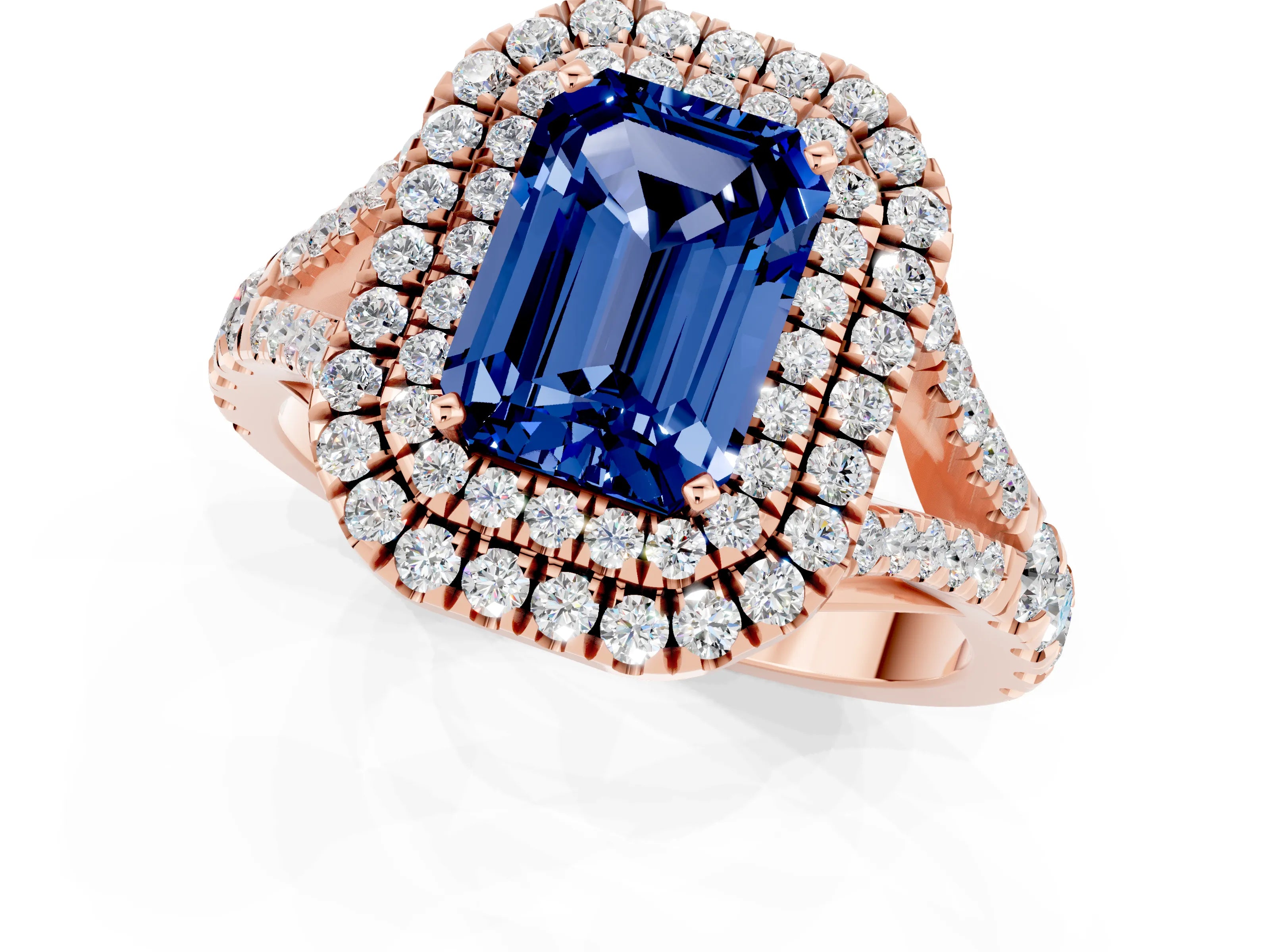Rose gold Double Halo Emerald Cut Blue Sapphire Pavé Split Shank Ring with Prong Setting_1