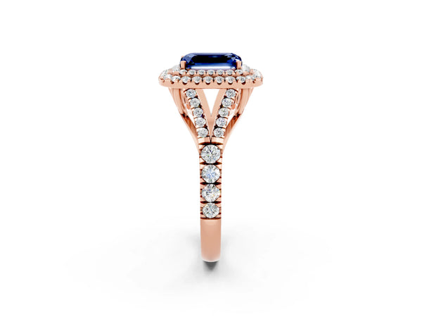 Rose gold Double Halo Emerald Cut Blue Sapphire Pavé Split Shank Ring with Prong Setting