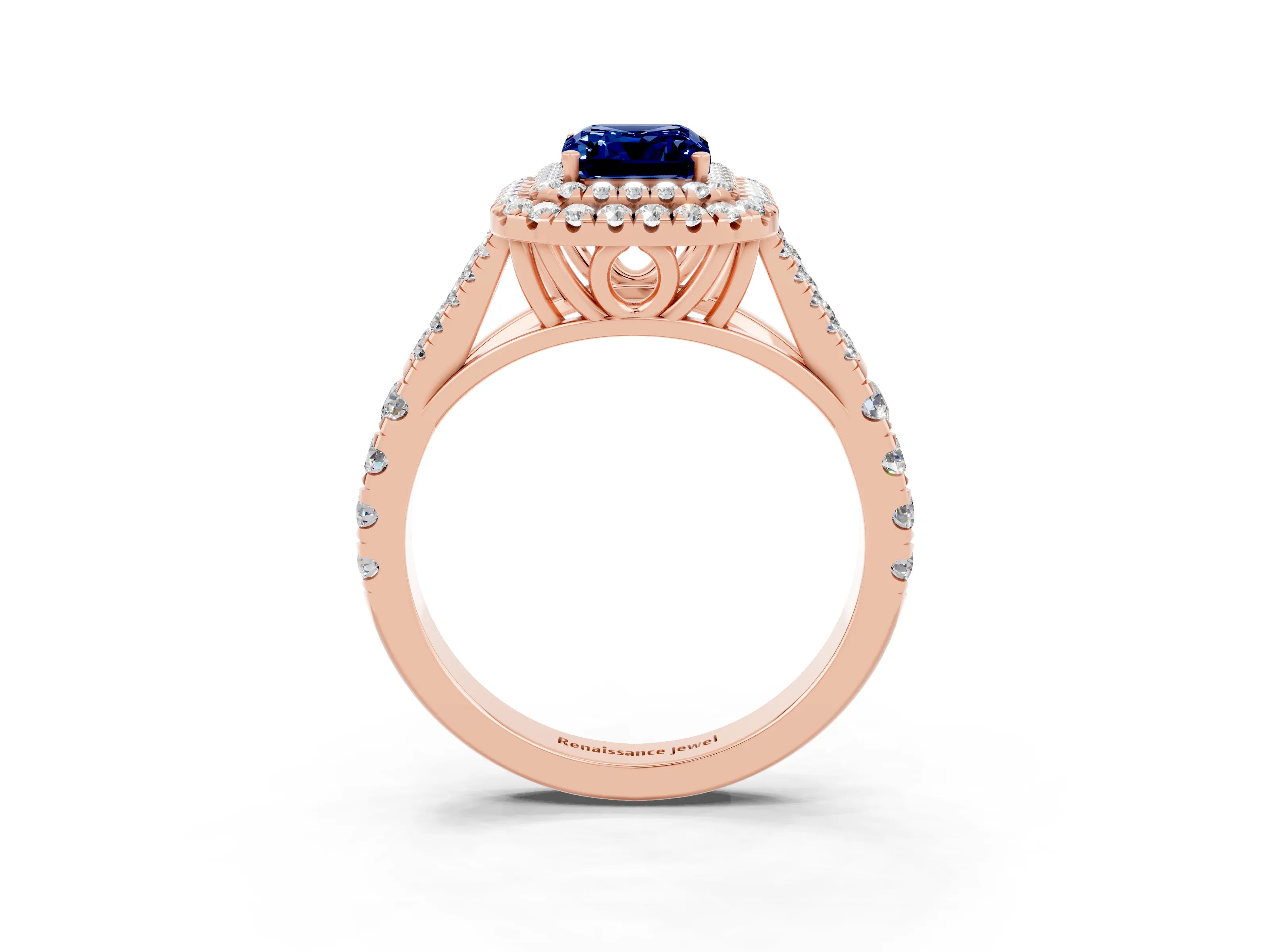 Rose gold Double Halo Emerald Cut Blue Sapphire Pavé Split Shank Ring with Prong Setting_3