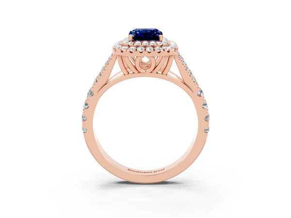 Rose gold Double Halo Emerald Cut Blue Sapphire Pavé Split Shank Ring with Prong Setting