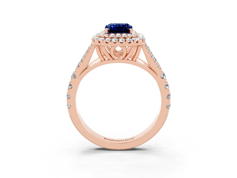 Rose gold Double Halo Emerald Cut Blue Sapphire Pavé Split Shank Ring with Prong Setting_3