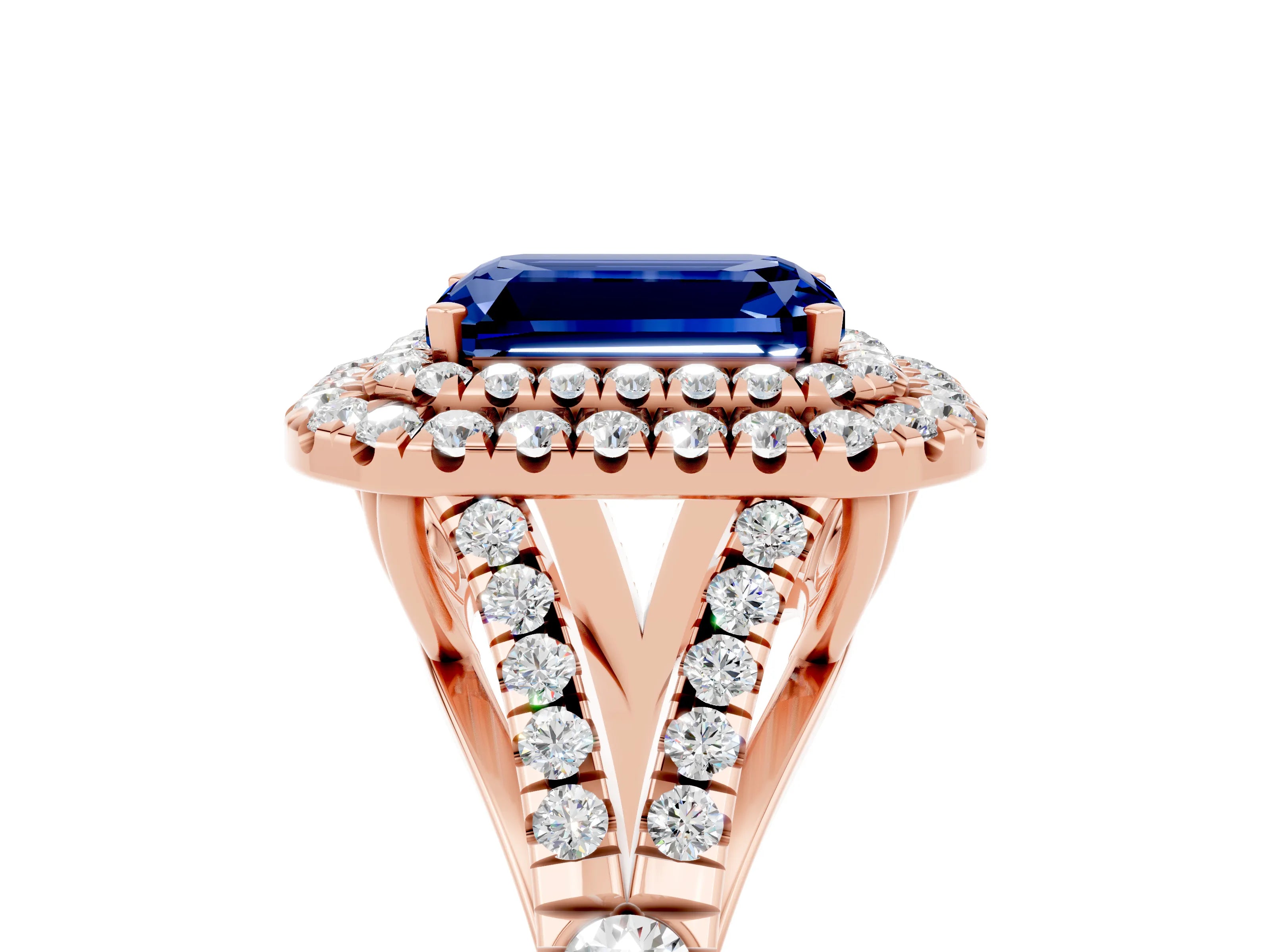 Rose gold Double Halo Emerald Cut Blue Sapphire Pavé Split Shank Ring with Prong Setting_5