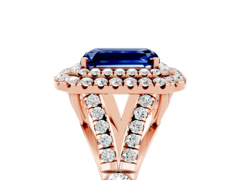 Rose gold Double Halo Emerald Cut Blue Sapphire Pavé Split Shank Ring with Prong Setting_5