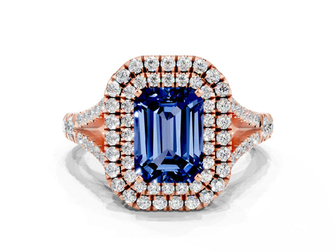 Rose gold Double Halo Emerald Cut Blue Sapphire Pavé Split Shank Ring with Prong Setting
