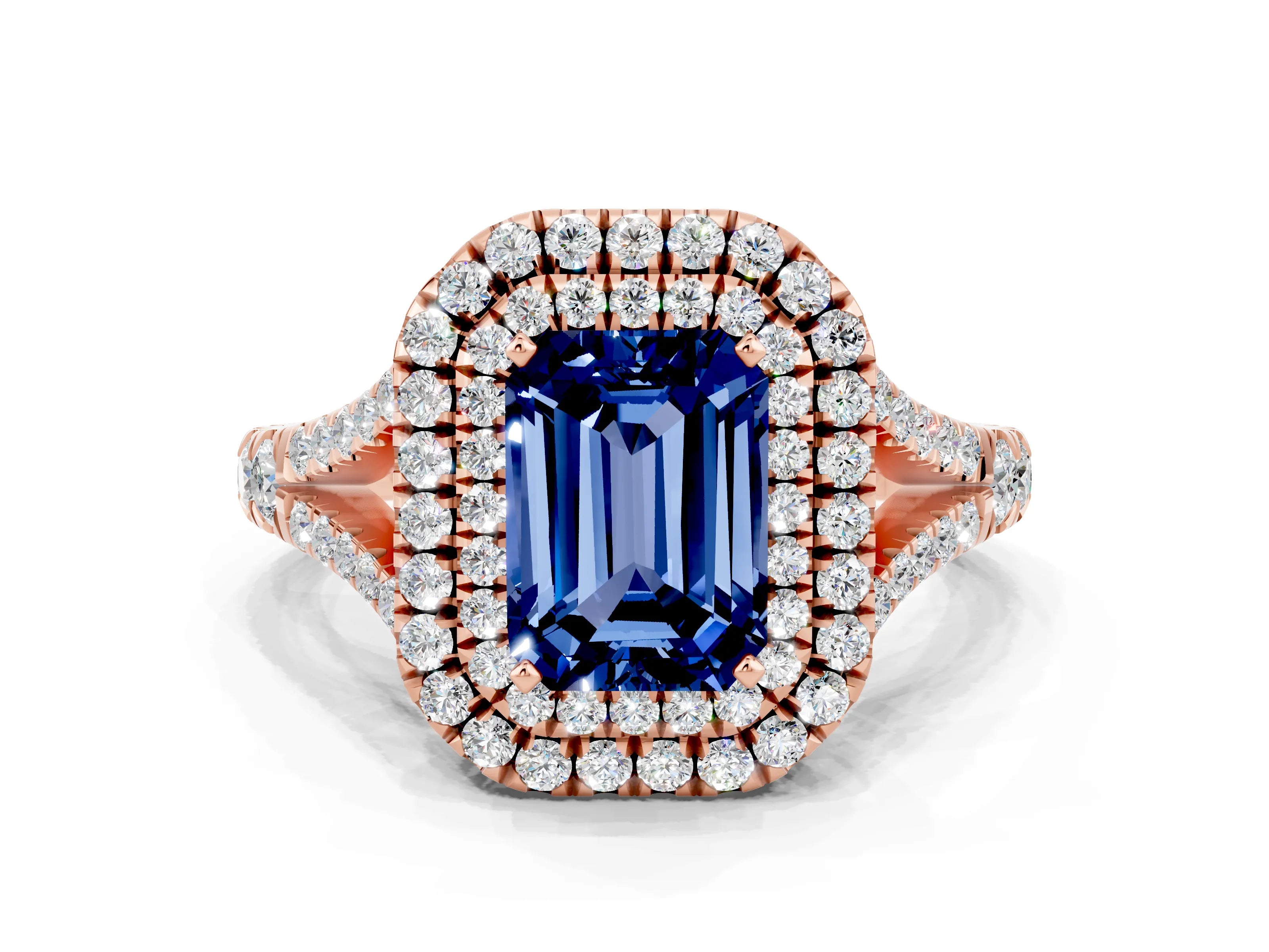 Rose gold Double Halo Emerald Cut Blue Sapphire Split Shank Engagement Ring with Four-Prong Setting