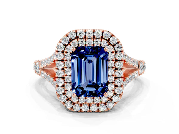 Rose gold Double Halo Emerald Cut Blue Sapphire Split Shank Engagement Ring with Four-Prong Setting