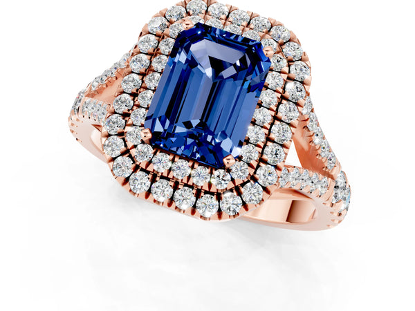 Rose gold Double Halo Emerald Cut Blue Sapphire Split Shank Engagement Ring with Four-Prong Setting