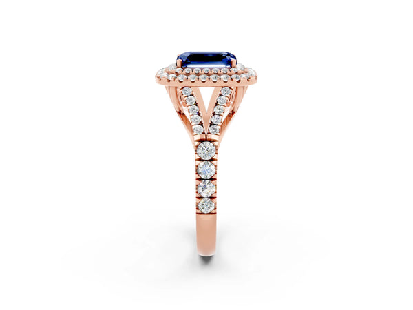 Rose gold Double Halo Emerald Cut Blue Sapphire Split Shank Engagement Ring with Four-Prong Setting