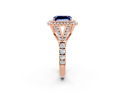 Rose gold Double Halo Emerald Cut Blue Sapphire Split Shank Engagement Ring with Four-Prong Setting_2
