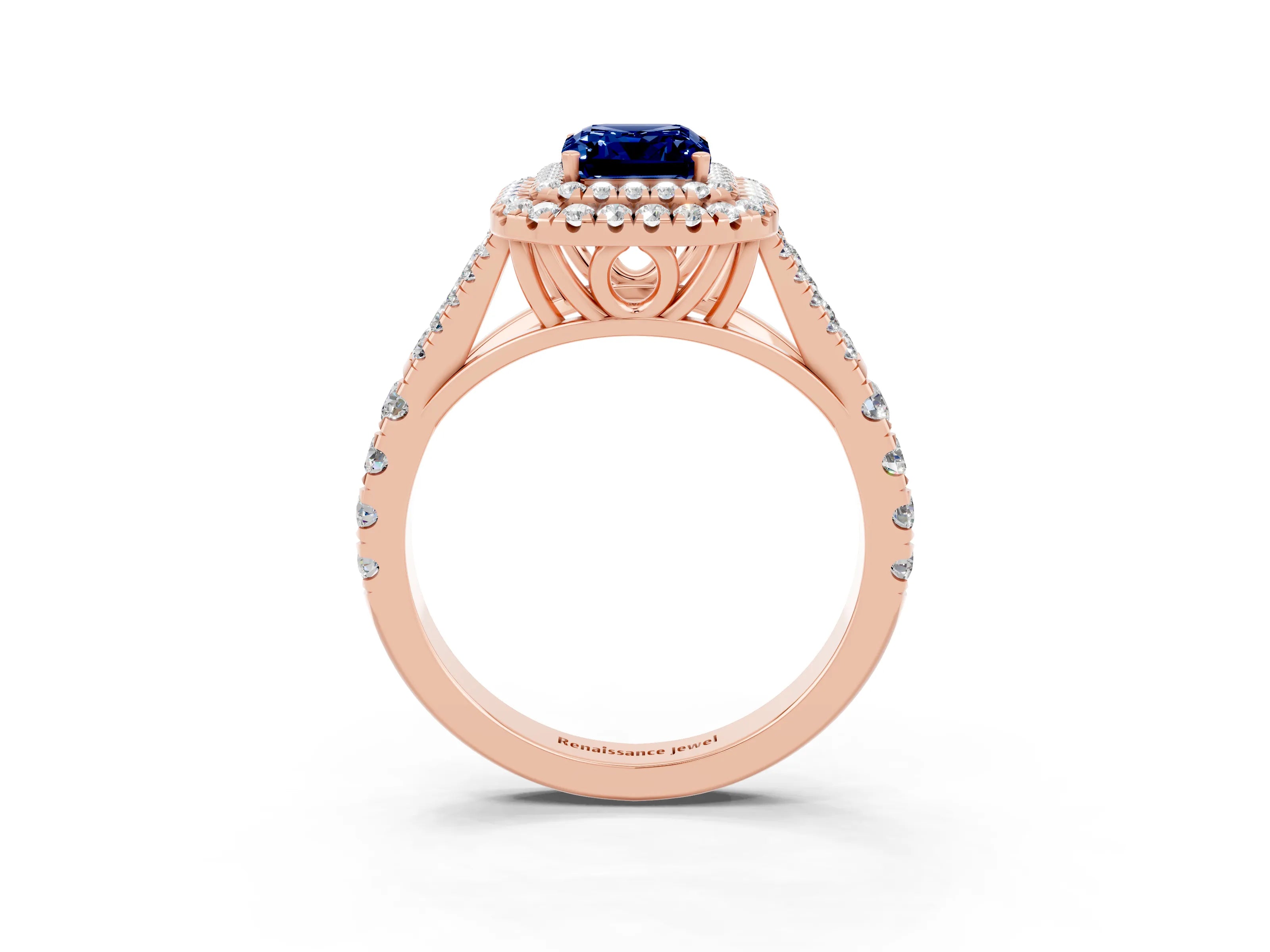 Rose gold Double Halo Emerald Cut Blue Sapphire Split Shank Engagement Ring with Four-Prong Setting_3