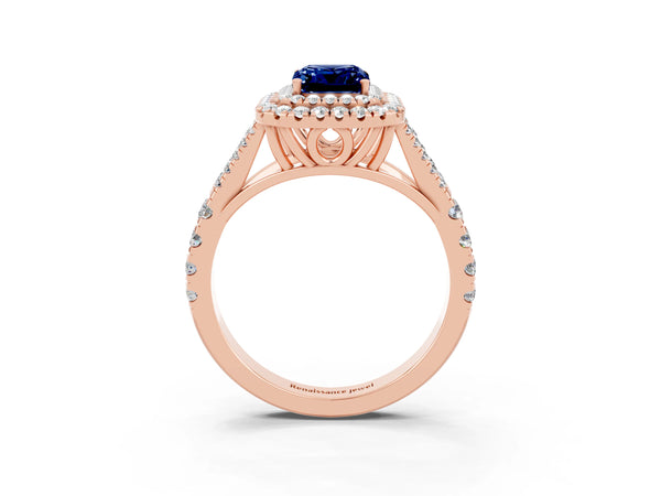 Rose gold Double Halo Emerald Cut Blue Sapphire Split Shank Engagement Ring with Four-Prong Setting