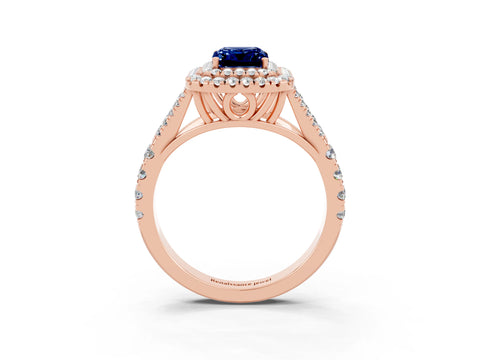Rose gold Double Halo Emerald Cut Blue Sapphire Split Shank Engagement Ring with Four-Prong Setting_3
