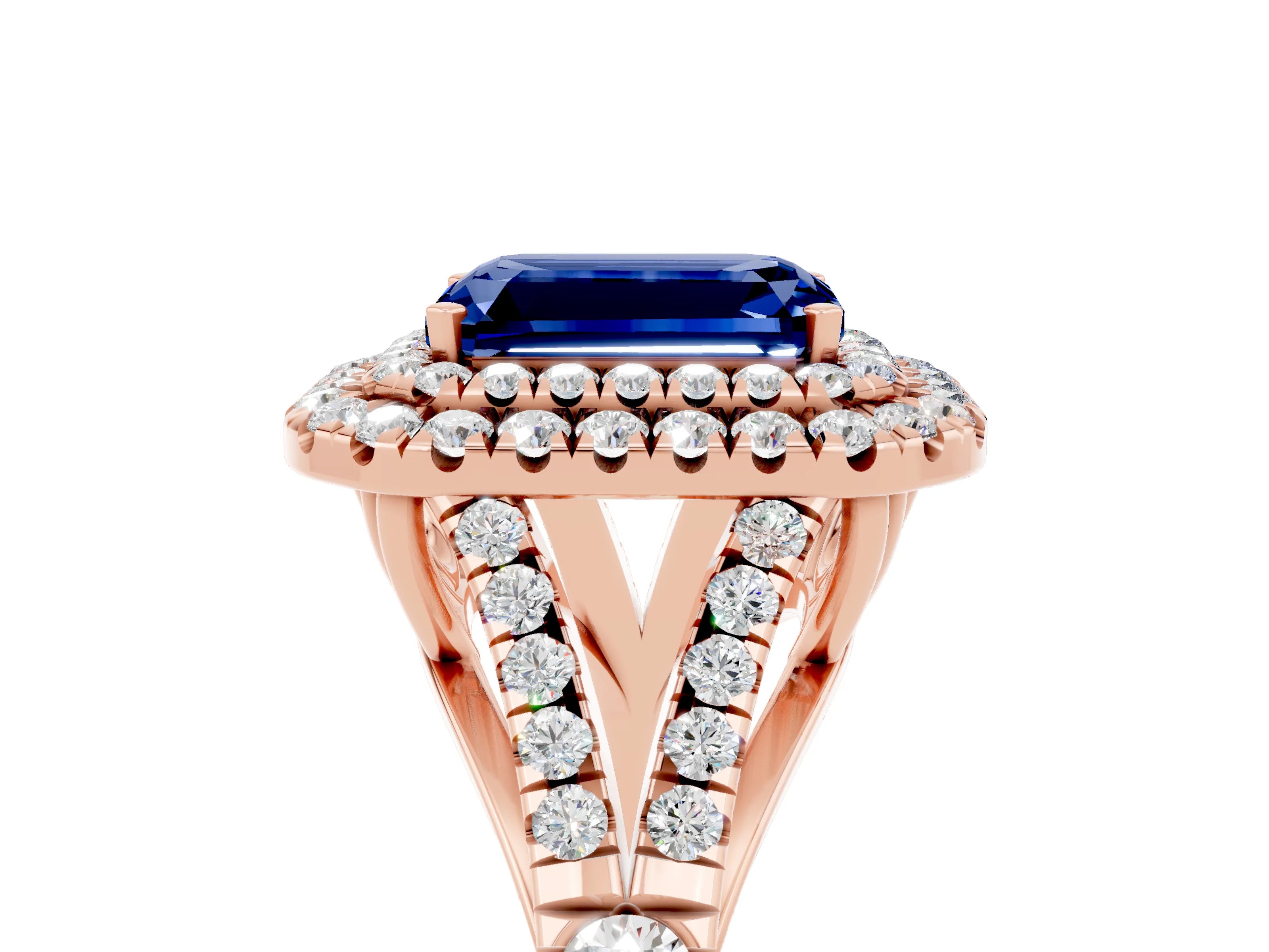 Rose gold Double Halo Emerald Cut Blue Sapphire Split Shank Engagement Ring with Four-Prong Setting_5