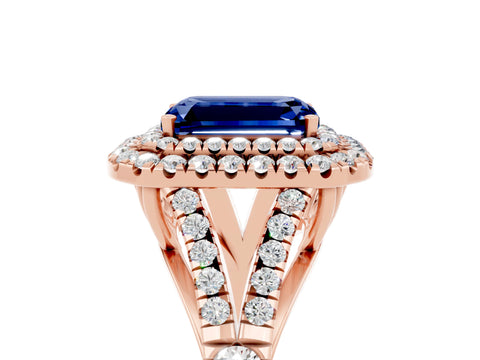 Rose gold Double Halo Emerald Cut Blue Sapphire Split Shank Engagement Ring with Four-Prong Setting_5