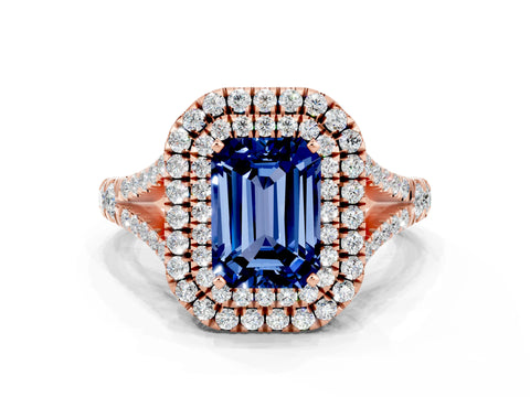 Rose gold Double Halo Emerald Cut Blue Sapphire Split Shank Engagement Ring with Four-Prong Setting