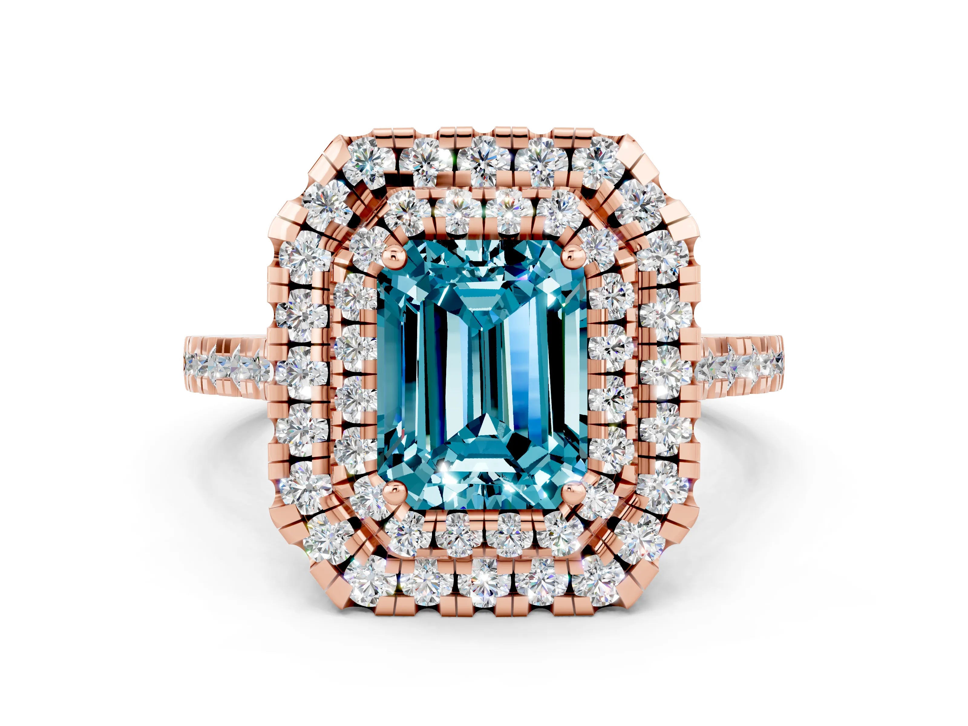 Rose gold Double Halo Emerald Cut Blue Topaz Pavé Band with Four-Prong Setting