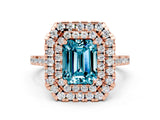 Rose gold Double Halo Emerald Cut Blue Topaz Pavé Band with Four-Prong Setting