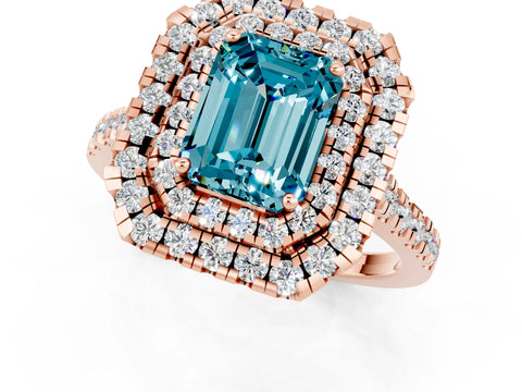 Rose gold Double Halo Emerald Cut Blue Topaz Pavé Band with Four-Prong Setting_1