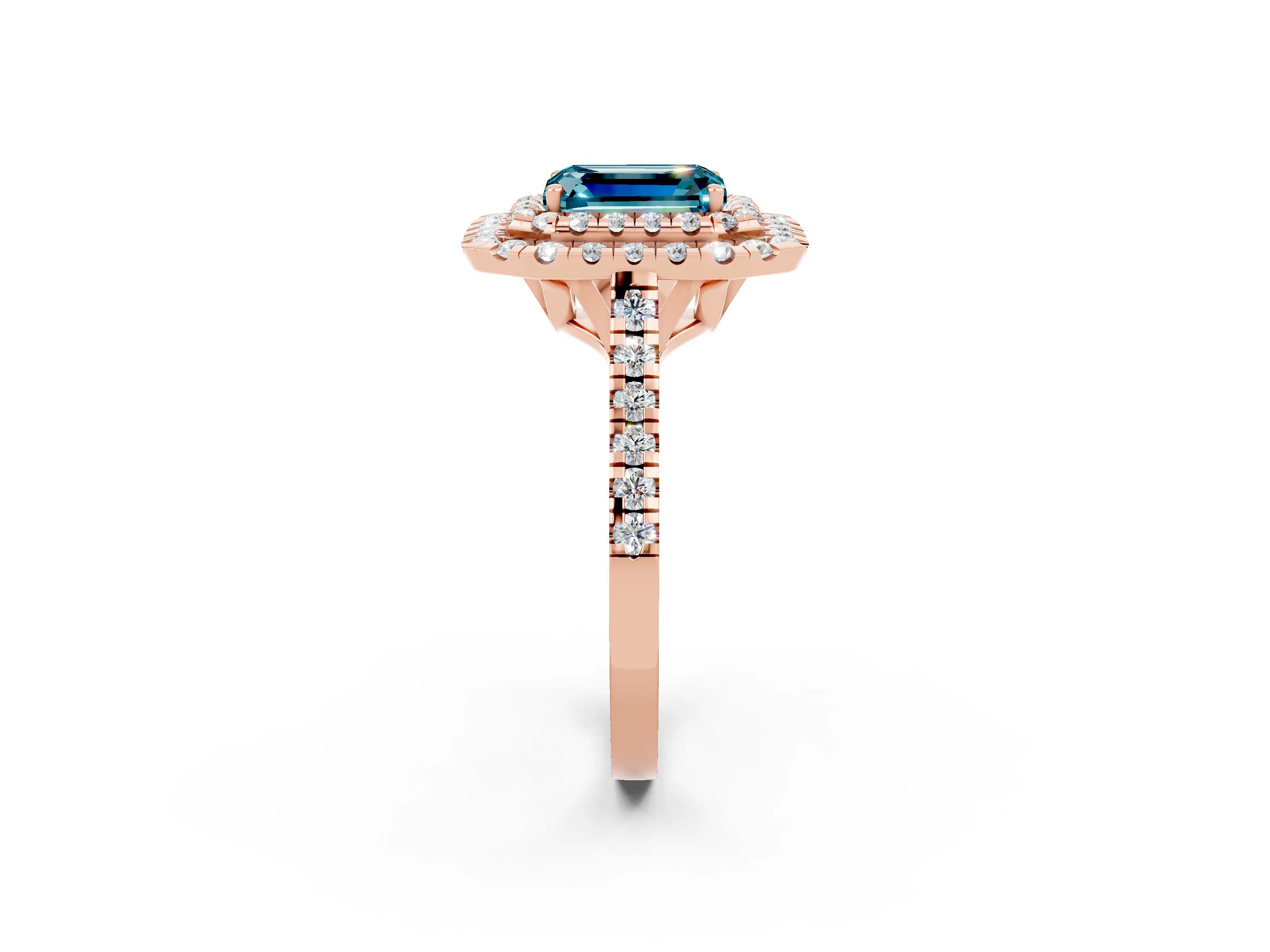Rose gold Double Halo Emerald Cut Blue Topaz Pavé Band with Four-Prong Setting_2