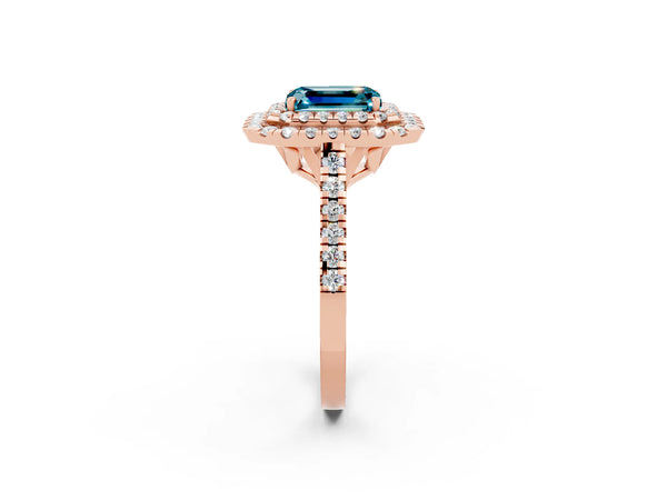 Rose gold Double Halo Emerald Cut Blue Topaz Pavé Band with Four-Prong Setting
