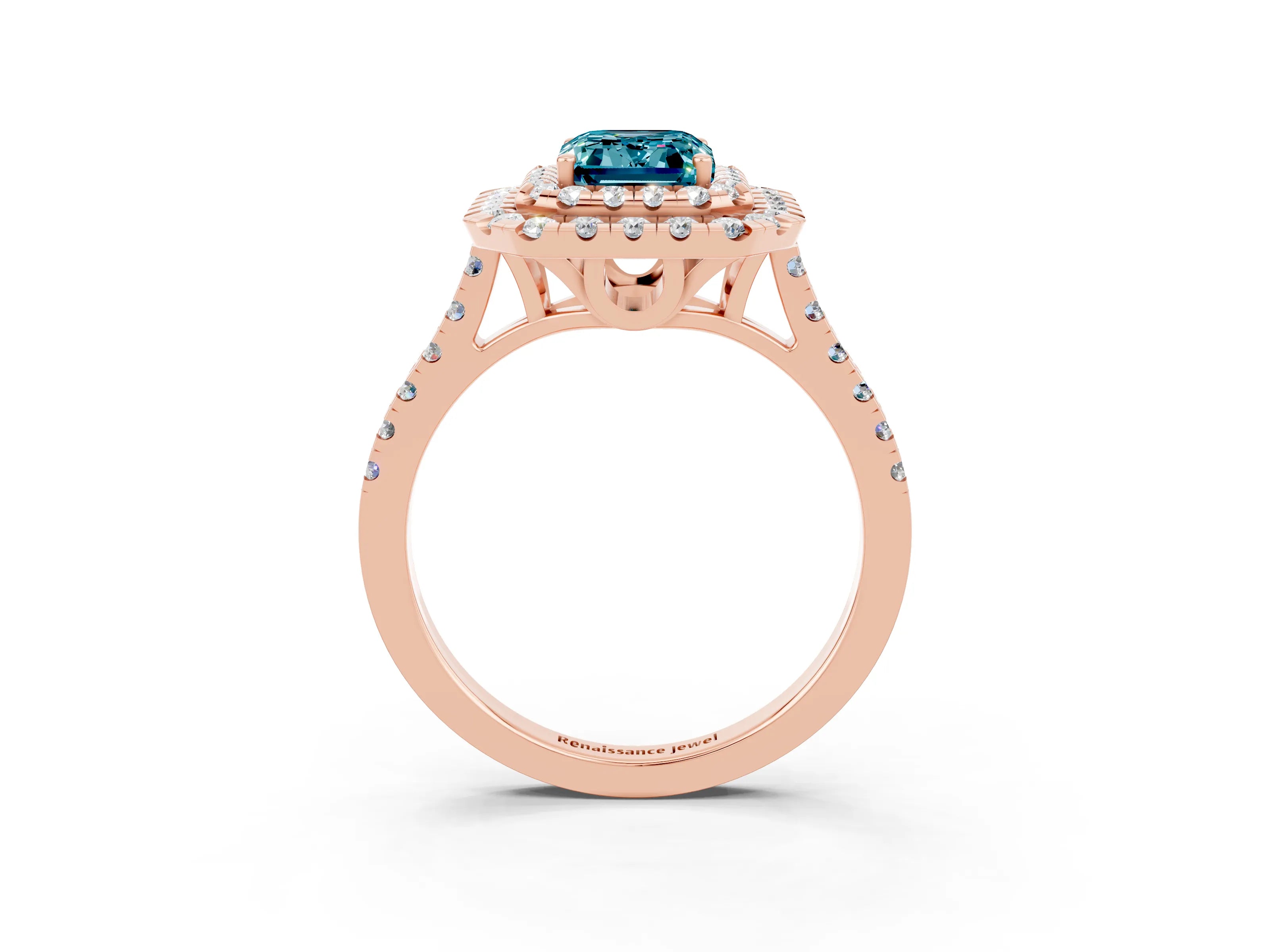 Rose gold Double Halo Emerald Cut Blue Topaz Pavé Band with Four-Prong Setting_3