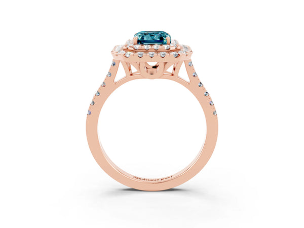 Rose gold Double Halo Emerald Cut Blue Topaz Pavé Band with Four-Prong Setting