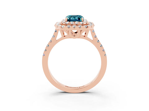 Rose gold Double Halo Emerald Cut Blue Topaz Pavé Band with Four-Prong Setting_3