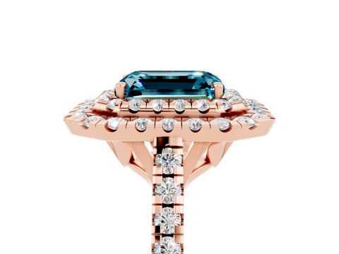 Rose gold Double Halo Emerald Cut Blue Topaz Pavé Band with Four-Prong Setting_5