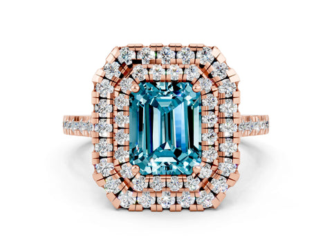Rose gold Double Halo Emerald Cut Blue Topaz Pavé Band with Four-Prong Setting