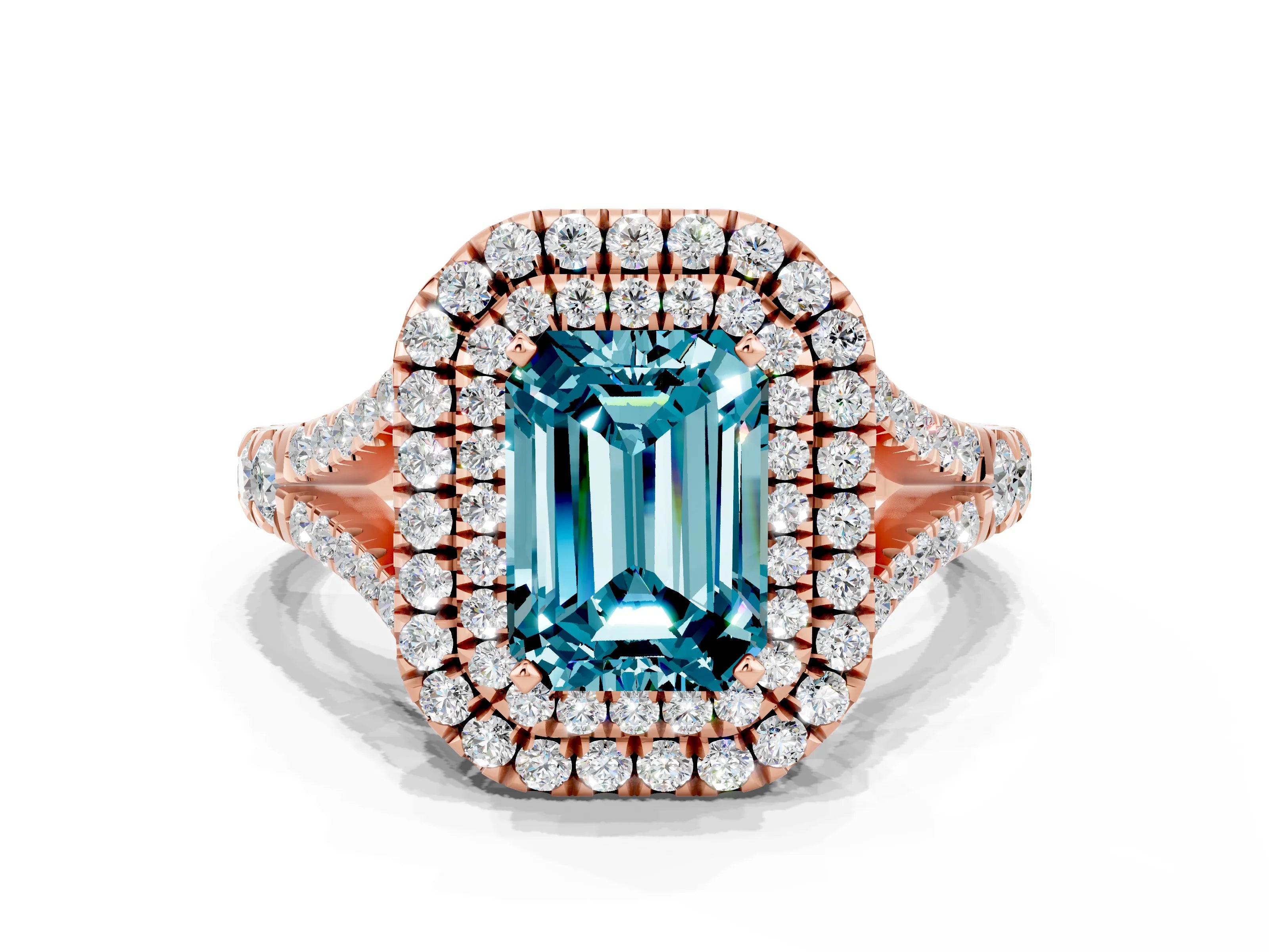 Rose gold Double Halo Emerald Cut Blue Topaz Pavé Split Shank Ring with Prong Setting