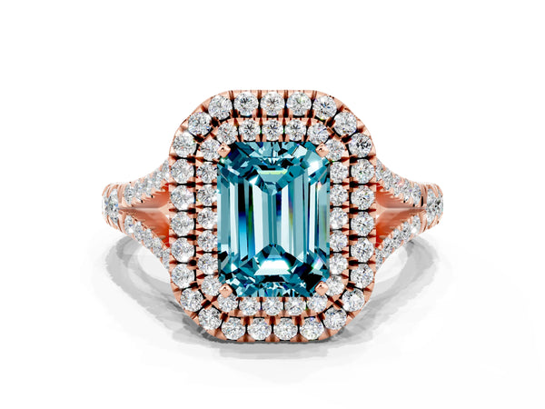 Rose gold Double Halo Emerald Cut Blue Topaz Pavé Split Shank Ring with Prong Setting