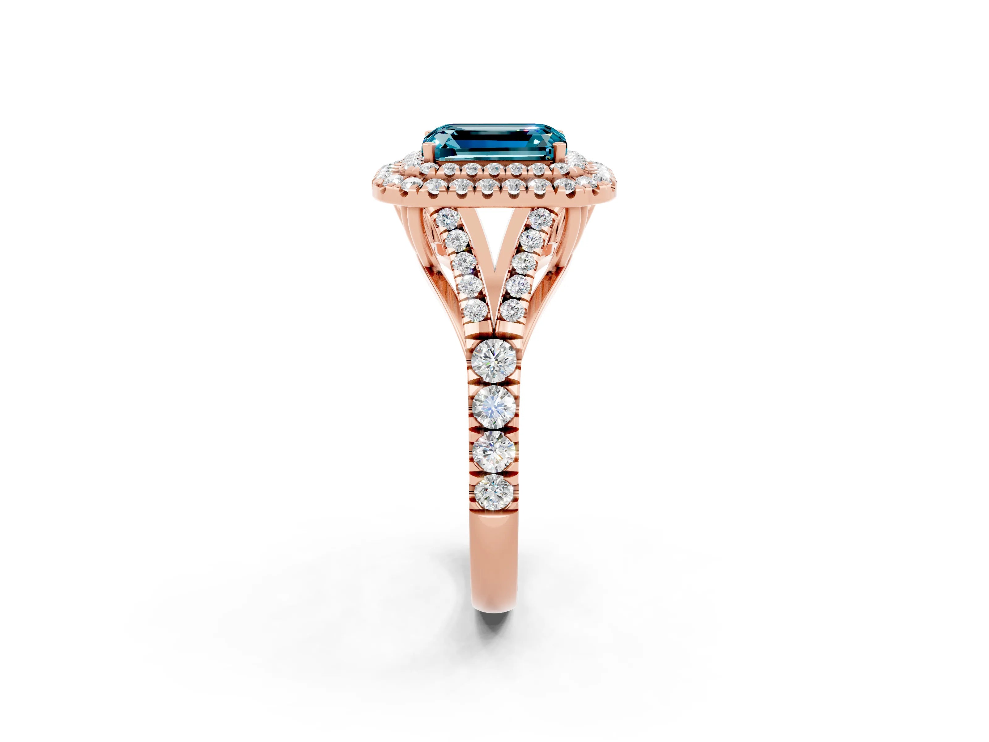 Rose gold Double Halo Emerald Cut Blue Topaz Pavé Split Shank Ring with Prong Setting_2