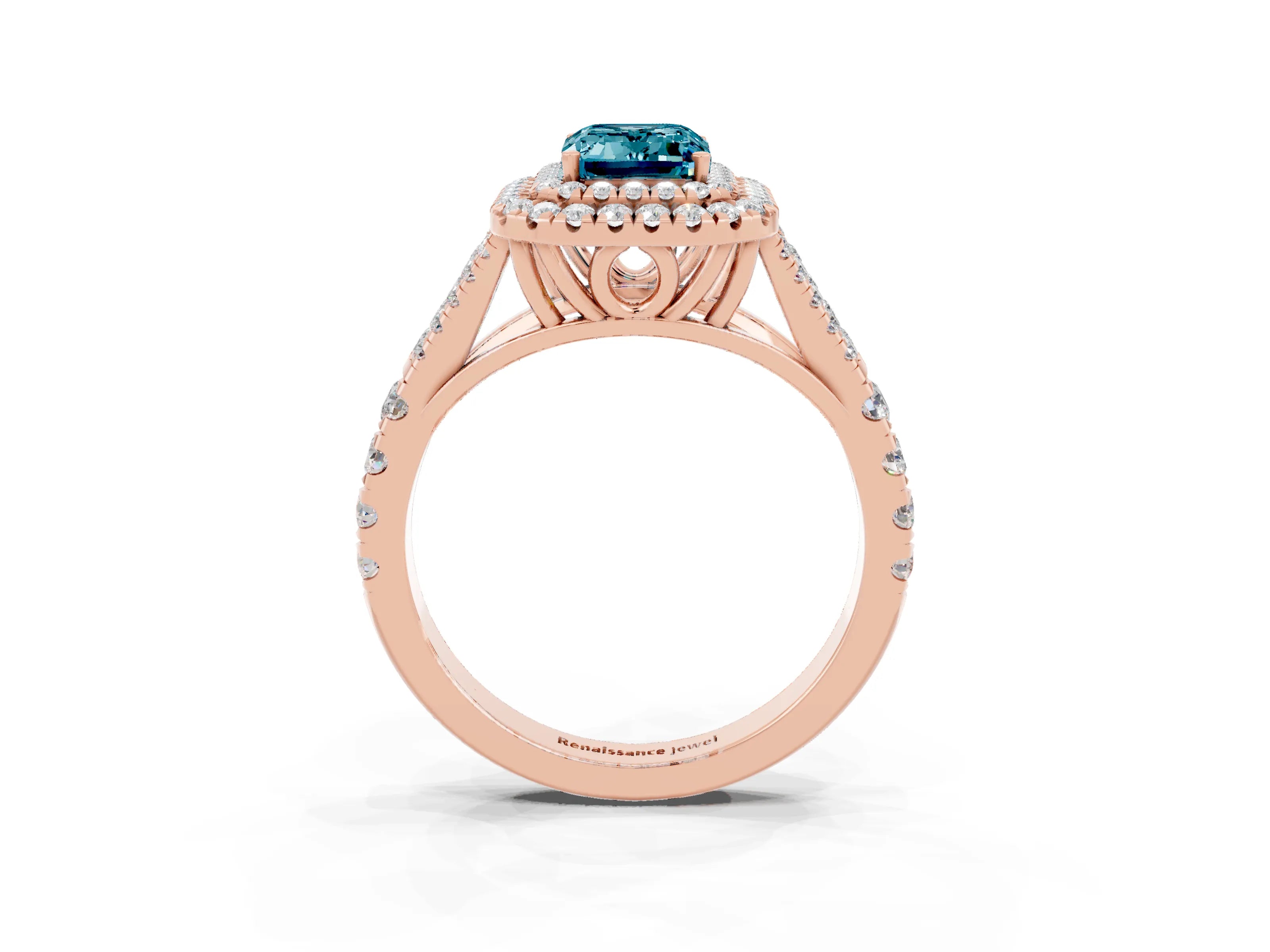 Rose gold Double Halo Emerald Cut Blue Topaz Pavé Split Shank Ring with Prong Setting_3