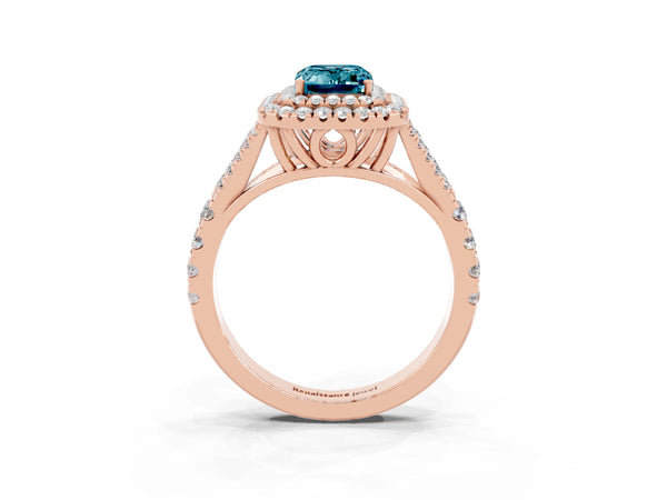 Rose gold Double Halo Emerald Cut Blue Topaz Pavé Split Shank Ring with Prong Setting