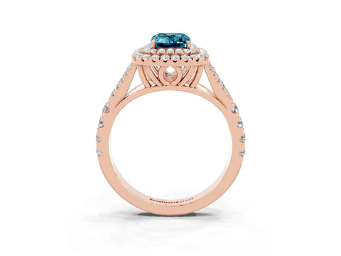 Rose gold Double Halo Emerald Cut Blue Topaz Pavé Split Shank Ring with Prong Setting_3