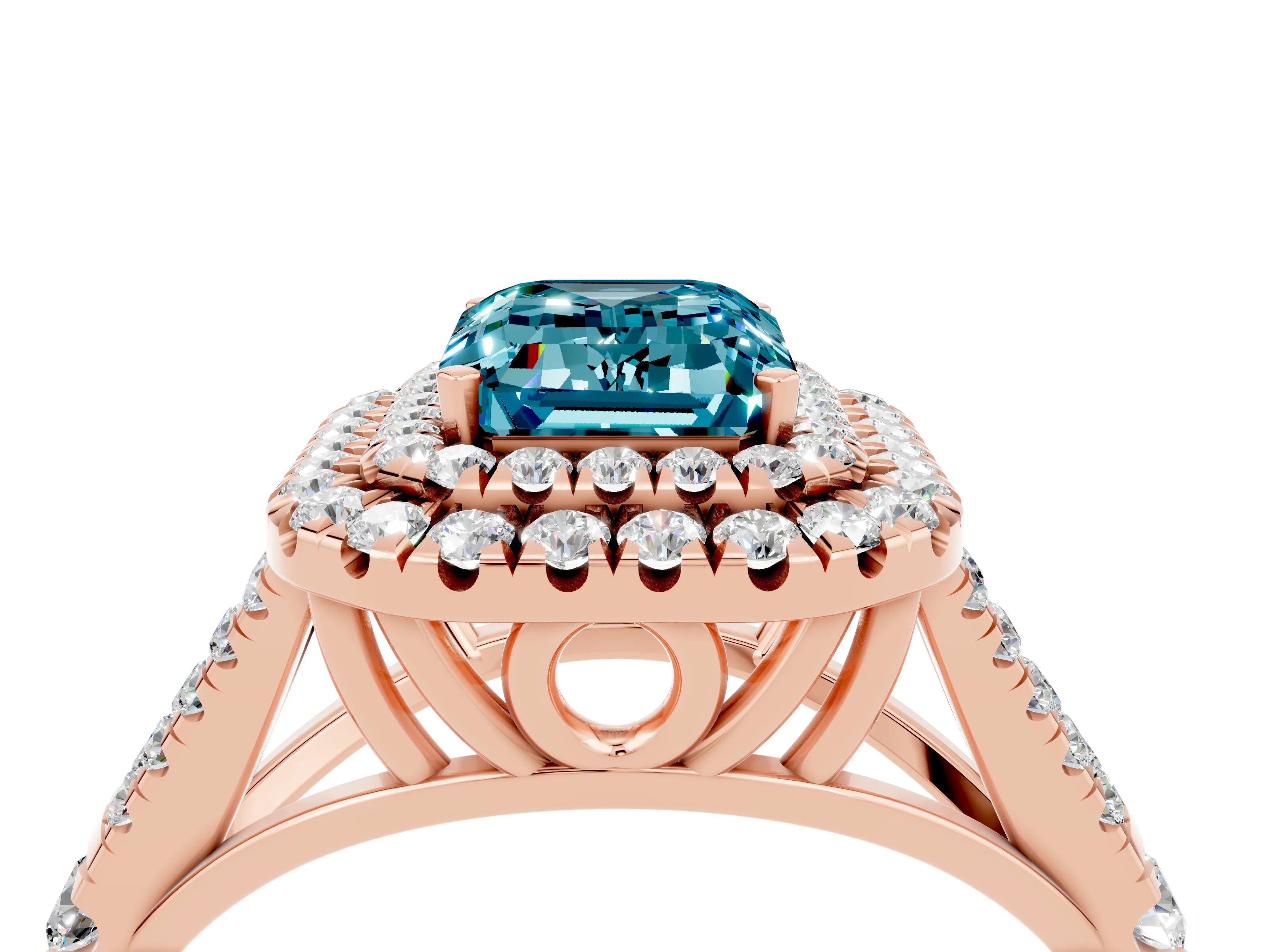 Rose gold Double Halo Emerald Cut Blue Topaz Pavé Split Shank Ring with Prong Setting_4