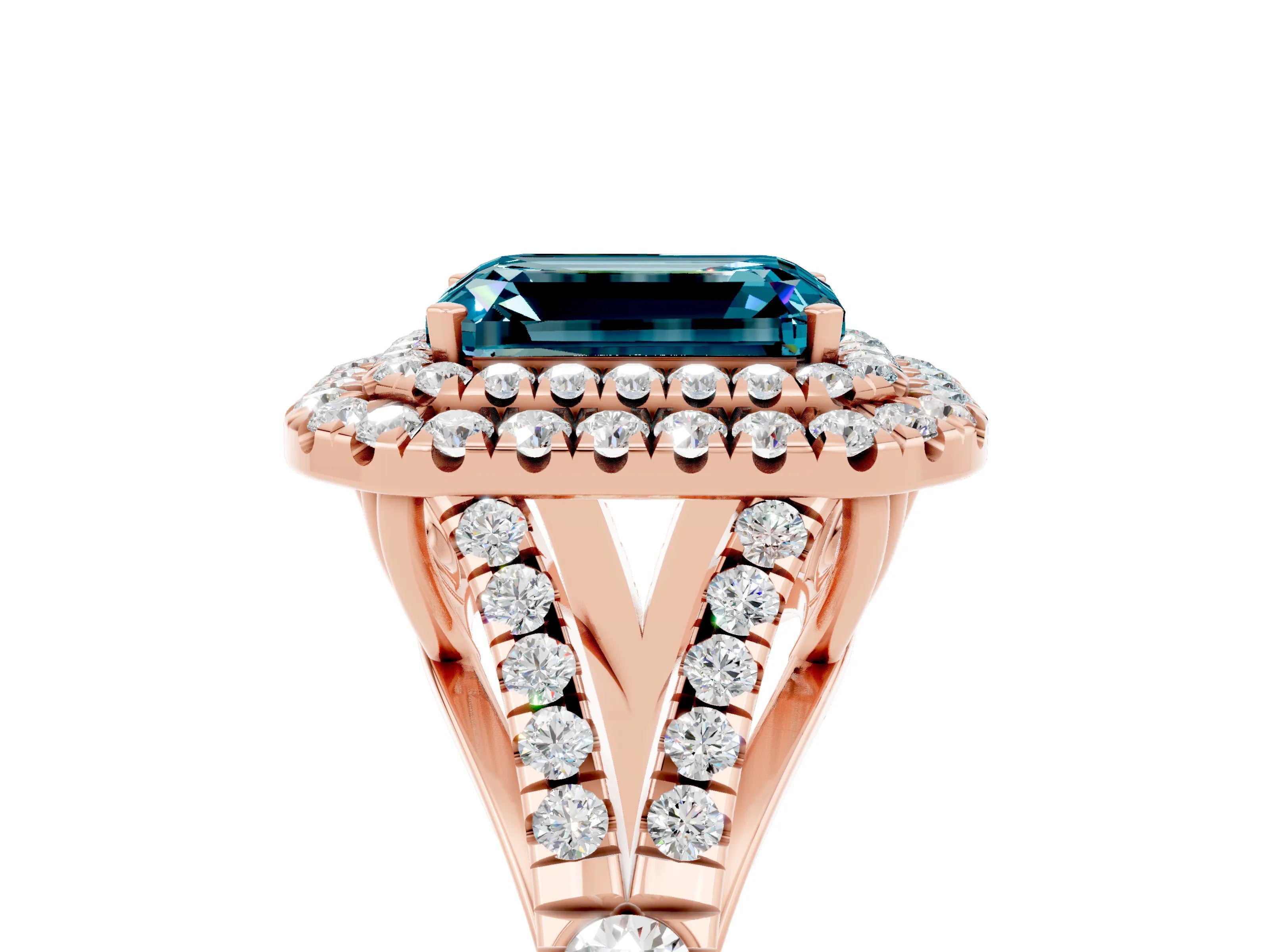 Rose gold Double Halo Emerald Cut Blue Topaz Pavé Split Shank Ring with Prong Setting_5