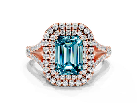 Rose gold Double Halo Emerald Cut Blue Topaz Pavé Split Shank Ring with Prong Setting