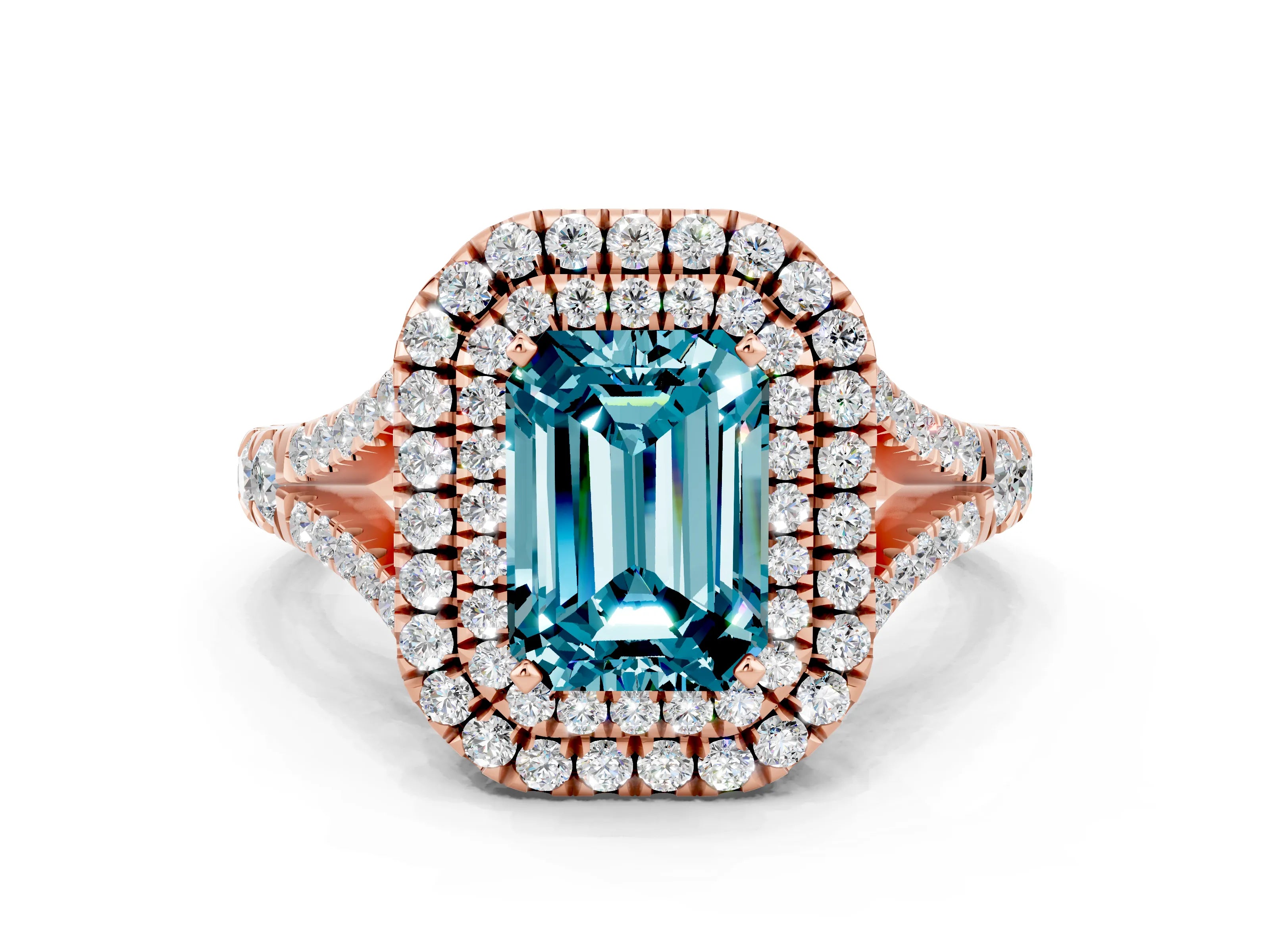 Rose gold Double Halo Emerald Cut Blue Topaz Split Shank Engagement Ring with Four-Prong Setting