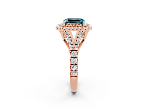 Rose gold Double Halo Emerald Cut Blue Topaz Split Shank Engagement Ring with Four-Prong Setting