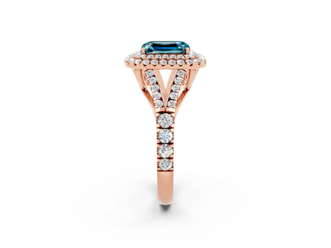 Rose gold Double Halo Emerald Cut Blue Topaz Split Shank Engagement Ring with Four-Prong Setting_2