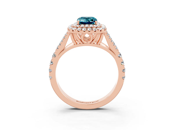 Rose gold Double Halo Emerald Cut Blue Topaz Split Shank Engagement Ring with Four-Prong Setting