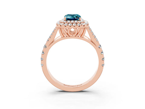Rose gold Double Halo Emerald Cut Blue Topaz Split Shank Engagement Ring with Four-Prong Setting_3