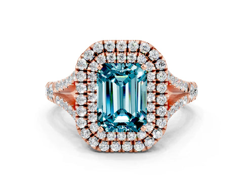 Rose gold Double Halo Emerald Cut Blue Topaz Split Shank Engagement Ring with Four-Prong Setting