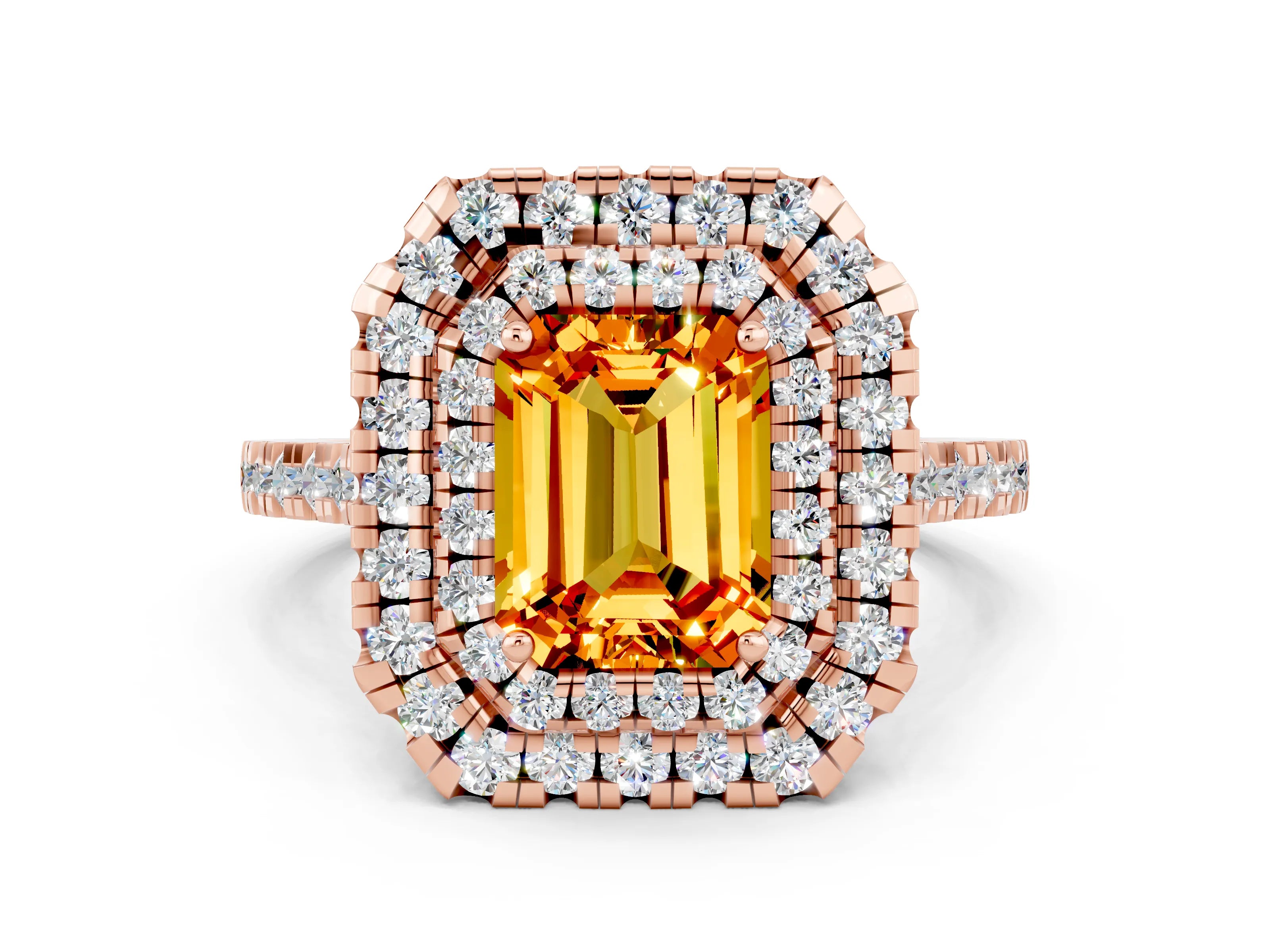 Rose gold Double Halo Emerald Cut Citrine Pavé Band with Four-Prong Setting