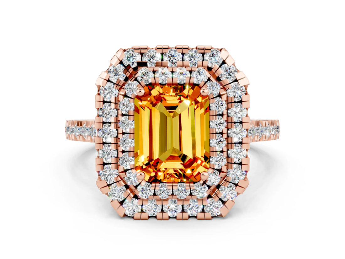 Rose gold Double Halo Emerald Cut Citrine Pavé Band with Four-Prong Setting