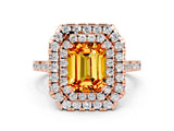 Rose gold Double Halo Emerald Cut Citrine Pavé Band with Four-Prong Setting